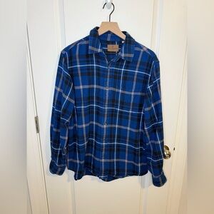 Woolrich Men's Large Blue Flannel Long‎ Sleeve Button Up Plaid Outdoors Hiking
